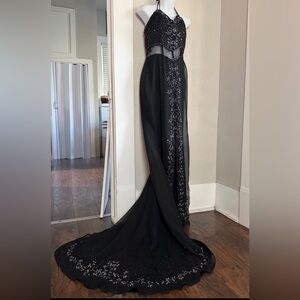 Vintage Artemis Collection Black Beaded long with Train Gown Women Size 12 Read